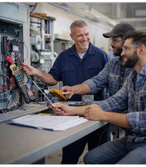 Apprentices and an instructor working on an electrical project
